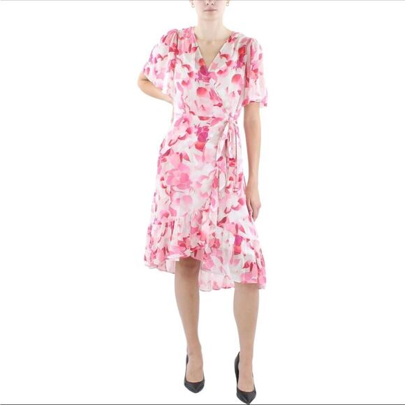 NWT Calvin Klein Floral-Print Faux-Wrap Pink Midi Dress Size 6 Small - Picture 1 of 7